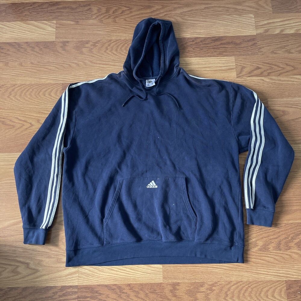 Vintage Adidas Hoodie Mens 2XL Blue Pullover Sweatshirt Center Logo striped  Y2K